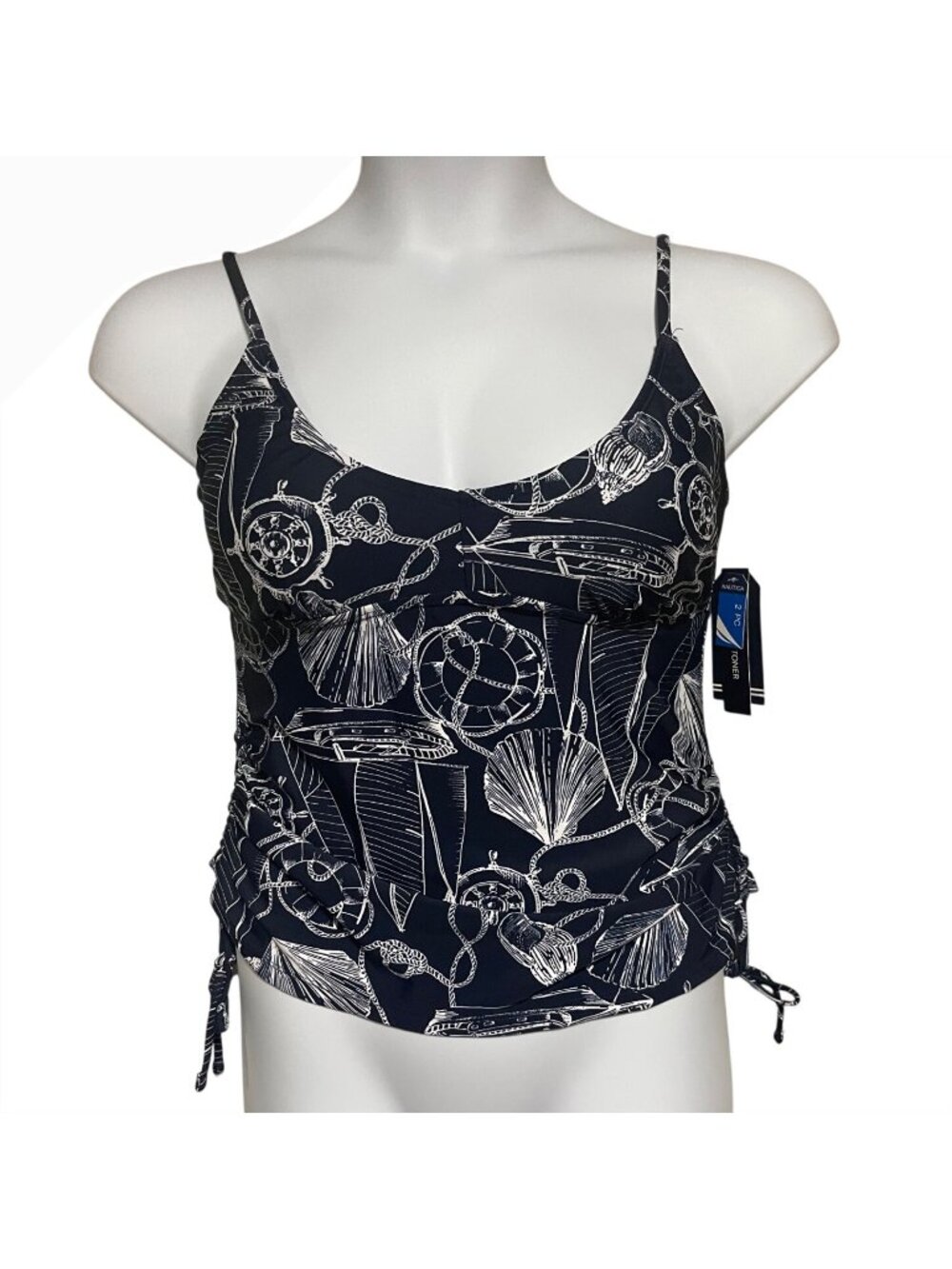 Nautica Tankini Swim Top Womens L Adjustable Straps Nautical Coastal Resort Wear